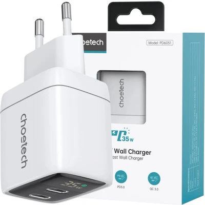 Afbeelding van Choetech PD6051 2x USB C PD 35W GaN wandlader met display wit