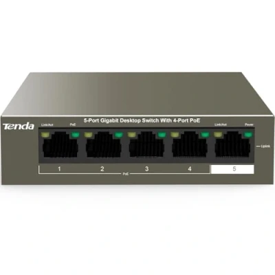 Afbeelding van Tenda TEG1105P 4 63W (5 poorts 1000 Mbit/s PoE switch met en 1 uplink poort,vervangt de voeding tot 58W,voor camera‘s,AP,IP telefoons,metalen behuizing,250m,6kV,full duplex 2000Mbit/s)