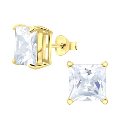 Afbeelding van JoyS Zilveren vierkant oorbellen 8 mm zirkonia 14k goudplating