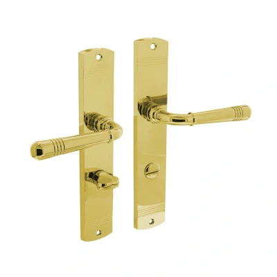 Afbeelding van Deurklink Emily op schild 235x45x8 mm met wc63/8 messing gelakt