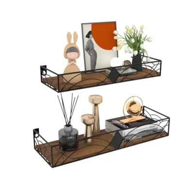 Afbeelding van HORLIMER zwevend wandrek, rek met metalen staven en houten plank, rustieke wandplank, muur voor keuken, badkamer, slaapkamer, woonkamer, kantoor (2 stuks)
