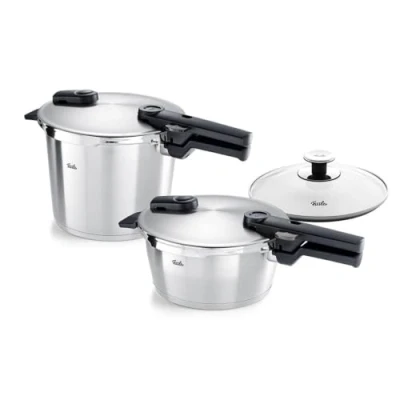 Afbeelding van Fissler Vitaquick Premium snelkookpannenset, 2 delig (2 snelkookpannen met metalen deksel 3,5 l + 6 liter, 1 extra glazen deksel) inductie