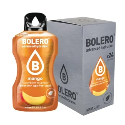 Afbeelding van Bolero MANGO 24x3g Suikerloos sappoeder, gezoet met stevia + vitamine C geschikt voor kinderen, sporters en diabetici glutenvrij veganvriendelijk Frambozensmaak