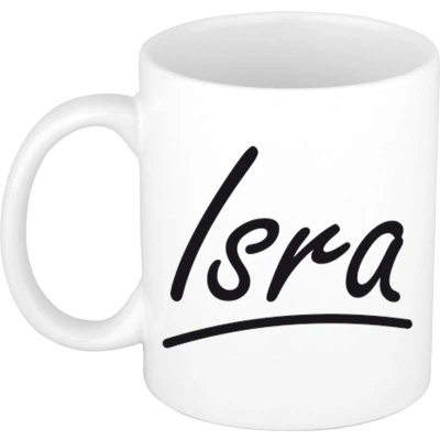 Afbeelding van Isra voornaam kado beker / mok sierlijke letters gepersonaliseerde met Naam mokken