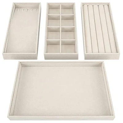 Afbeelding van Belle Vous Crème Velours Stapelbare Sieraden Organizer Opslag Bakken (4 Pak) 35,3 x 24,2 cm Lade Display Dozen Verwijderbare Secties Voor Kettingen, Ringen, Armbanden &amp; Oorbellen