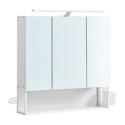 Afbeelding van VASAGLE Spiegelkast badkamer met verlichting, badkamerkast, geïntegreerde kabel, spiegelkast, wandkast, in hoogte verstelbare plank, 3 deuren, modern, wit BBK124W14