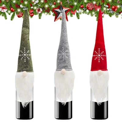 Afbeelding van BELLE VOUS Kerst Wijnfles Covers (3 stuks) (45x13cm) Handgemaakte Zweedse Tomte Gnome Xmas Party Bottle Topper Caps voor wijn Champagne Fles Display Home Vakantie Kersttafel Decoraties