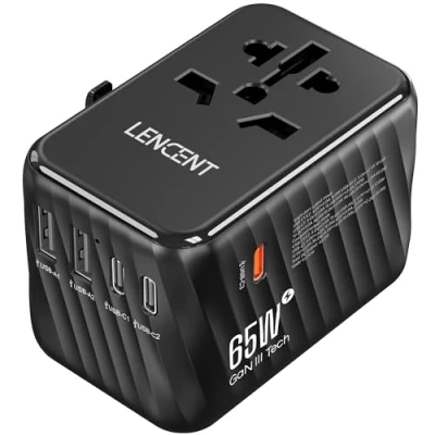 Afbeelding van LENCENT 65W Reisadapter Wereldwijd, GaN3 Snellader Universele Reisstekker met 3 PD3.0 USB C+2 QC USB, Alles in één Internationale Stekker voor Telefoon Laptop 200+ Landen EU UK DE VS Type A/C/G/I