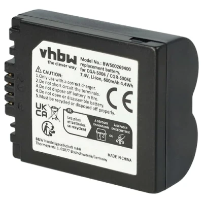 Afbeelding van vhbw Accu 600mAh (7.2V) compatibel met camera Leica V Lux 1 &amp; Panasonic Lumix DMC serie, bijv. FZ7, FZ8, FZ18, FZ28, FZ30, FZ35, FZ38, FZ50 Vervanging voor CGA S006E, etc