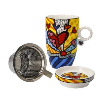 Afbeelding van Goebel Romero Britto Theekop met deksel en zeef A New Day Beker porselein 450ml