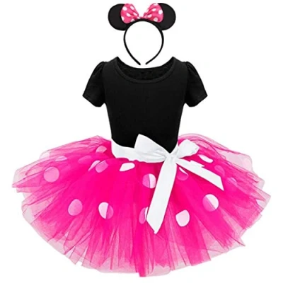 Afbeelding van Lito Angels Minnie Kostuum met Haar Hoepel voor Kleuter Meisjes, Halloween Verjaardagsfeest Stippen Tutu Rok Warm Roze, Maat 116 Leeftijd 5 6 Jaar Markering 130