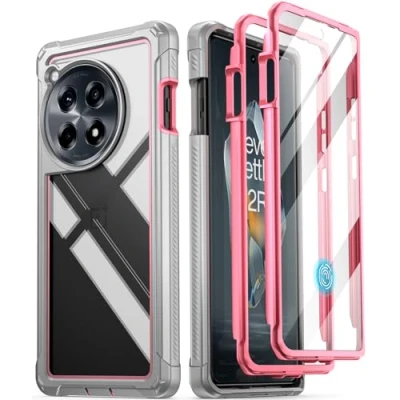 Afbeelding van POETIC Guardian Hoes compatibel met OnePlus 12R 5G (2024), geïntegreerde displaybescherming, werkt vingerafdruk ID, schokbestendig, robuust, transparante, hybride beschermhoes, roze/helder