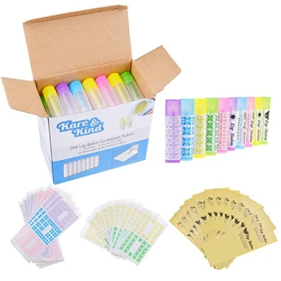 Afbeelding van Lip Balsem Tubes Pakket van 50 stuks (10x5 kleuren) DHZ 3/16 Oz (5.5 ml) Inclusief beschrijfbare &amp; bedrukte lippenbalsem stickers Doppen met draaimechanisme Leeg Maak zelf