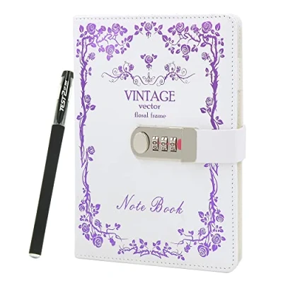 Afbeelding van NectaRoy Vintage retro PU lederen cover notebook planner, reisdagboek met slot, afsluitbaar dagboek slot dagboek, wachtwoord schrijven notitieblok pen, 5,9 x 8,4 inch