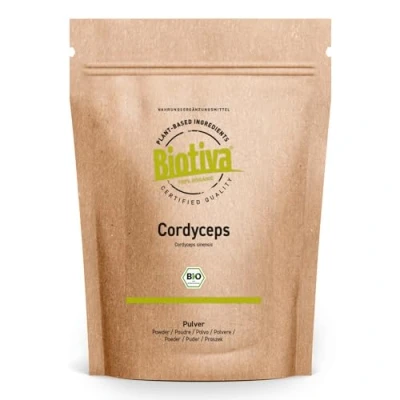 Afbeelding van Biotiva Cordyceps poeder bio 125g 100% militaris zaadclubs Chinese rupsschimmel vitale paddenstoel zonder toevoegingen gebotteld en gecertificeerd in Duitsland