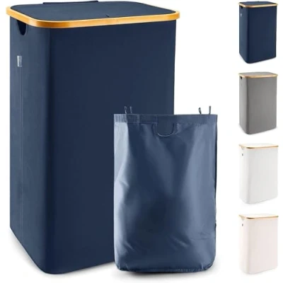 Afbeelding van Lonbet Blauw Wasmand met deksel en handgrepen XXL 100 L, grote wasmand, wasbak, Laundry basket with lid and handles