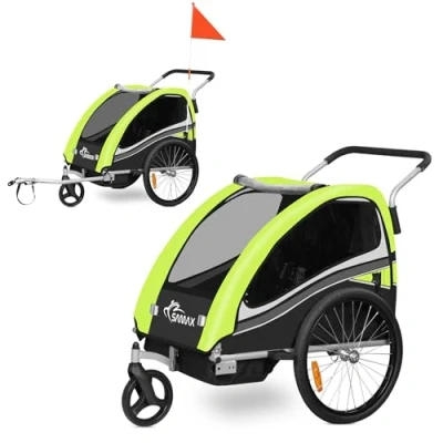 Afbeelding van SAMAX 360 zwenkbare Fietskar/Aanhangwagen 2in1 en Buggy Geveerde Transportkar Kinderfietskar voor 2 kinderen in Groen Black Edition