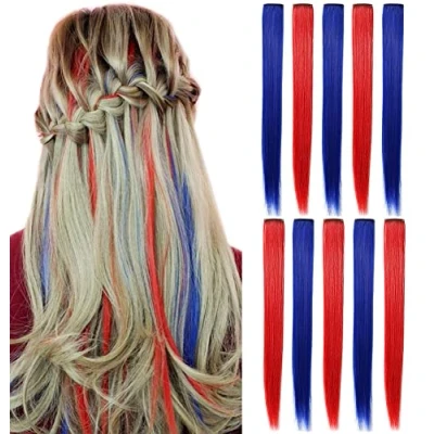 Afbeelding van LVSHANGMAO 10 stuks gekleurde haarverlengingen, veelkleurige party highlights clip in synthetische 53 cm (blauw rood)