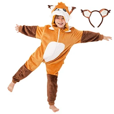 Afbeelding van Corimori 1851 Onesie Faye schattig dier pluche kostuum, unisex kinderen, bruin oranje, lichaamslengte 90 110 cm