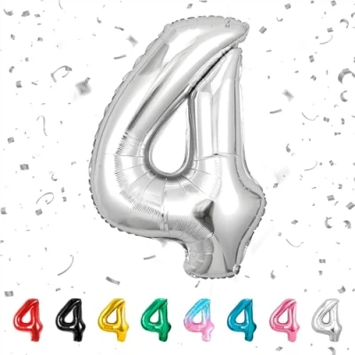 Afbeelding van Alloon Verjaardagsgetallen, zilveren ballon voor 4 jaar, folieballon meisjes en jongens, van 101 cm, verjaardagsdecoratie, kinderverjaardag, vliegt met helium