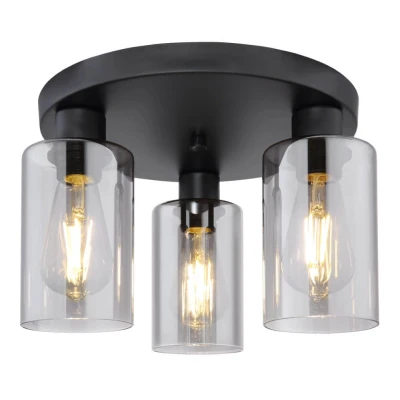 Afbeelding van Hadera Plafondlamp 3 lichts zwart + rookglas Modern Globo