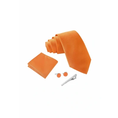 Afbeelding van Stropdas set Oranje met manchetknopen, pochet en dasspeld luxe stropdassen voor heren in Geschenkdoos Mens tie Pompoen