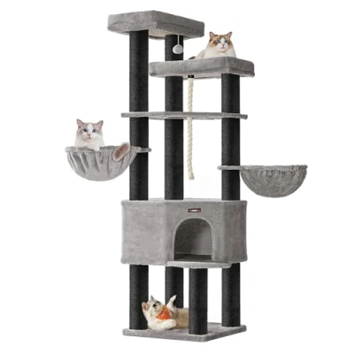 Afbeelding van Feandrea Grote Kattenboom, Speeltoren voor Katten met Meerdere Verdiepingen, XXL, 55 x 186,7 cm, Sisalpalen een Diameter van 11 Maine Coons, Duifgrijs en Inktzwart PCT008G02