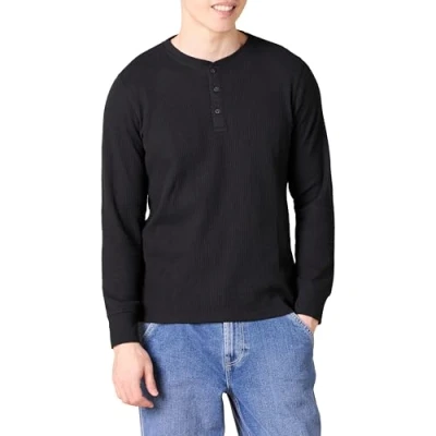 Afbeelding van Amazon Essentials Men&#039;s Henley shirt met lange mouwen, wafelpratoon en slanke pasvorm, Zwart, S