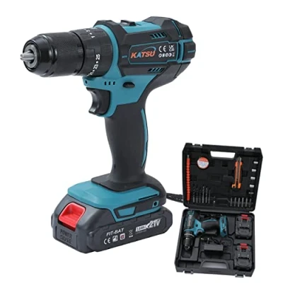 Afbeelding van KATSU FIT BAT Accuboorboormachine, 13 mm, 18 21 V, slagboorschroevendraaier met 2 batterijen en accessoires, sleutelloze boorkop, variabele elektronische snelheid versnellingen, LED verlichting,