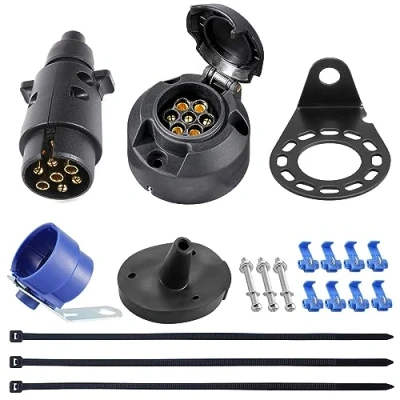 Afbeelding van SPARKMOTO Socket 7 polige stekker aanhanger, 12 V, aanhangerstekker polig en trekhaak met metalen bevestiging, isolerende afdichting aanhangerstekker, blauwe kit (rubberen dop)
