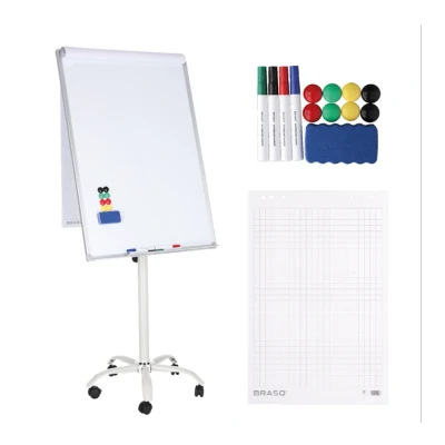 Afbeelding van BRASQ Flipover Verrijdbaar 70x100 cm Verstelbaar Whiteboard Inclusief 25 vellen papier, 4 Stiften, 8 Magneten, Wisser met Papierklem en Haken Magnetisch bord Magneetbord Wit