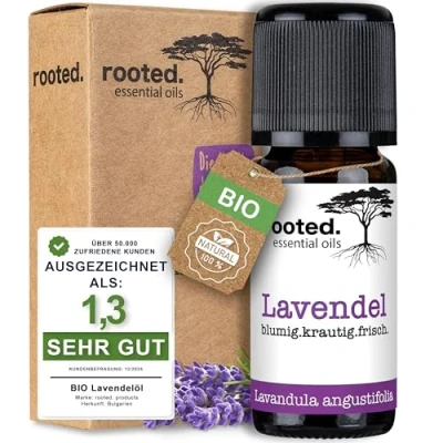 Afbeelding van rooted.® organische lavendelolie 100% natuurlijke essentiële olie Lavandula angustifolia Echte lavendel voor aromatherapie, geurlamp, diffusors, kamergeuren, geurkaarsen en zeep (10ml)