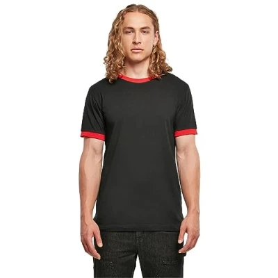 Afbeelding van Build Your Brand Heren T shirt Ringer Tee Black/Cityred 4XL, zwart/cityrood, 4XL
