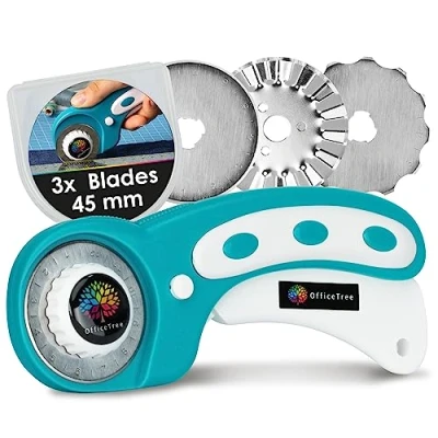 Afbeelding van OfficeTree rolsnijder, stof, 45 mm, stofsnijder, set van 3 messen, rolmes voor papier en behang, moeiteloos roterende snijder naaien of knutselen
