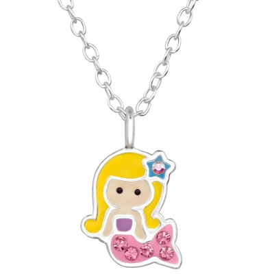 Afbeelding van JoyS Zilveren zeemeermin hanger met ketting gele haartjes roze staart kristal 39 cm (verstelbaar 36 of cm)