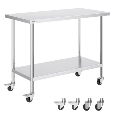 Afbeelding van VEVOR 24 x 48 38 inch, met 4 wielen, 3 verstelbare hoogteniveaus, zware werktafel voor voedselvoorbereiding commercieel keukenrestaurant, zilver, 610 1219 954,6 mm