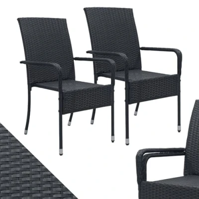 Afbeelding van Juskys Yoro Polyrotan tuinstoelen set van 2 met armleuningen en rugleuning stoelen stapelbaar rotan stoel tuin stapelstoel zwart