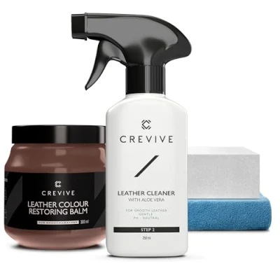 Afbeelding van CREVIVE Lederreiniger 250 ml &amp; reparatieset voor leer, bruin, 300 ml, lederverzorging, auto, reparatie van de bank, autostoel