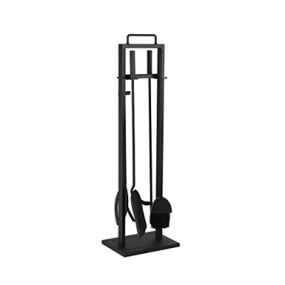Afbeelding van KaminoFlam openhaardset ijzer openhaardaccessoires zwart modern met bestek openhaardgereedschap 4 delig standaard &amp; pookset