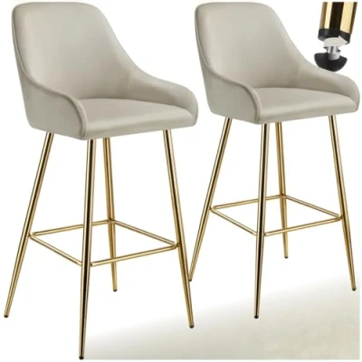 Afbeelding van tectake® Set van 2 Barkrukken Avane Gestoffeerde Barkruk met rugleuning Barstoelen Ergonomische Barstoel voetensteun Eetkamerstoel fluweellook bekleding Stevige stalen poten antislip vloerbescherming Crème/Goud