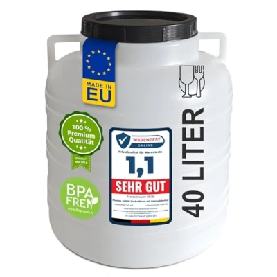 Afbeelding van plasteo® 40 liter brede hals met deksel en hengsels, rond, natuurlijk, geschikt voor levensmiddelen BPA vrij, kunststof vat, universeel dekselvat, watervat, regenton, opslagvat, natuur