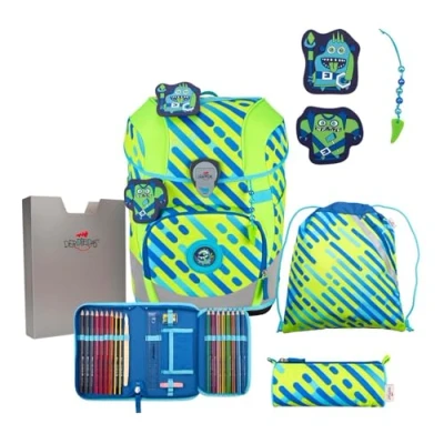 Afbeelding van DerDieDas Schooltas ErgoFlex Tiny Exklusiv Neon Schulranzenset 5 delig Monster Neongroen