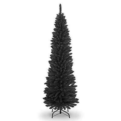 Afbeelding van SHATCHI Kunstmatige stroomden slanke kerstboom vakantie huisdecoraties met puntige punten en metalen standaard, zwart, 2,1 m