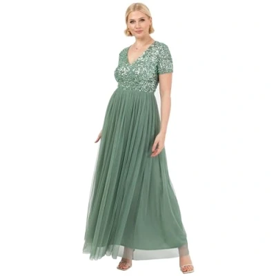Afbeelding van Maya Deluxe Dames V hals verfraaid maxi jurk korte mouw Empire taille prom afstuderen bruidsmeisje bruiloft gast, Diepe munt, 24, 50