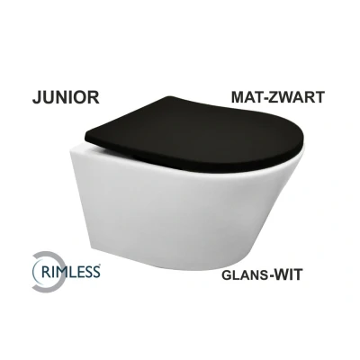 Afbeelding van Wiesbaden Vesta junior wandcloset rimless verkort glans wit Shade slim toiletzitting softclose en quick release mat zwart