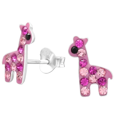 Afbeelding van JoyS Zilveren giraf oorbellen 8 x 11 mm roze giraffe oorknoppen kinderoorbellen