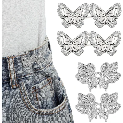 Afbeelding van Vlinder Broek Taille Tightener Verstelbare Gesp Set Afneembare Knop Aanscherping Richter Knoppen Pins voor Jeans Rokken Mouwen Zilver Eén maat