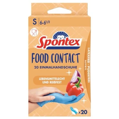 Afbeelding van Spontex Food Contact, 20 wegwerphandschoenen van nitril, geschikt voor levensmiddelen, latexvrij en ongepoederd, maat S (1 x stuks)