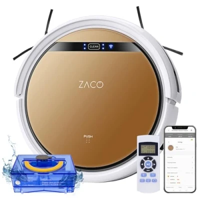 Afbeelding van ZACO V5x stofzuigrobot met veegfunctie bediening App, Alexa, Google Home veegrobot 8.1cm plat automatische voor harde vloeren valbeveiliging Wifi 60db Goud