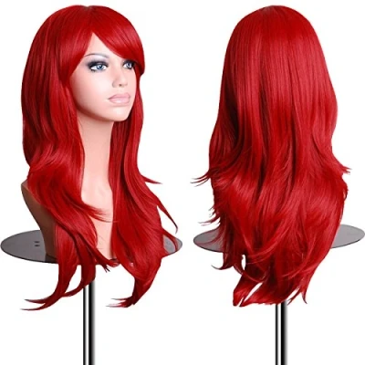 Afbeelding van EmaxDesign 70 cm kwalitatief hoogwaardige cosplay pruik voor vrouwen Vol, krullerig, golvend, warmtebestendig. Modieuze en glamoureuze met gratis haarnetje pruikkam. Kleur: rood).